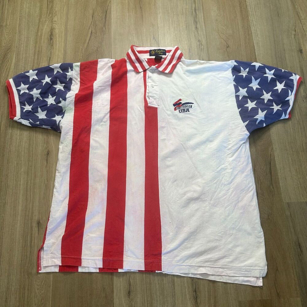 Vintage 90s NASCAR USA American Flag Polo Shirt Men's XXL 2XL